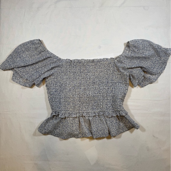 Astr Tops - Astr The Label Blue and White Floral Smocked Flutter Sleeved Crop Top Blouse